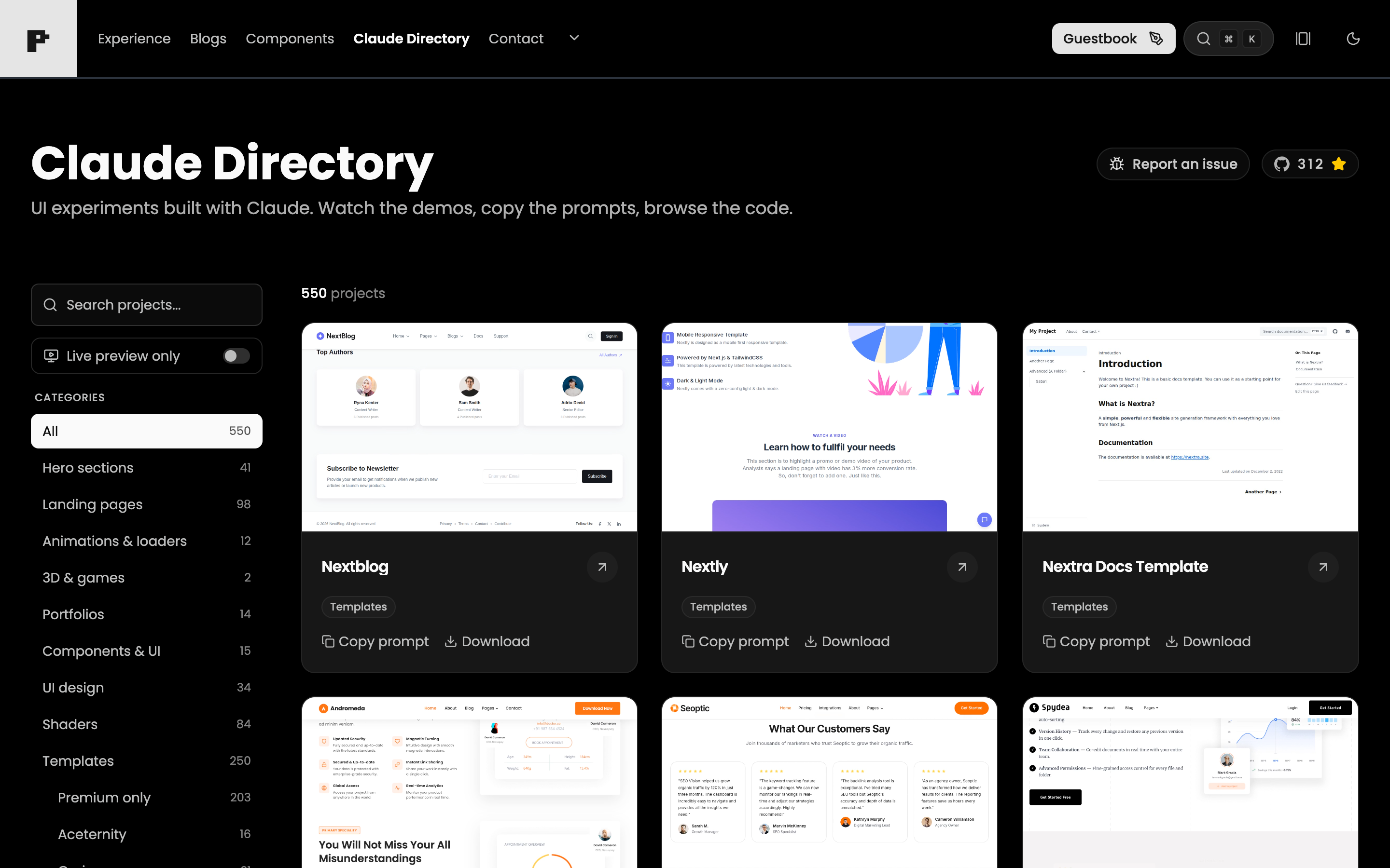 Grid overview of the Claude Directory gallery showing hundreds of UI experiment thumbnails