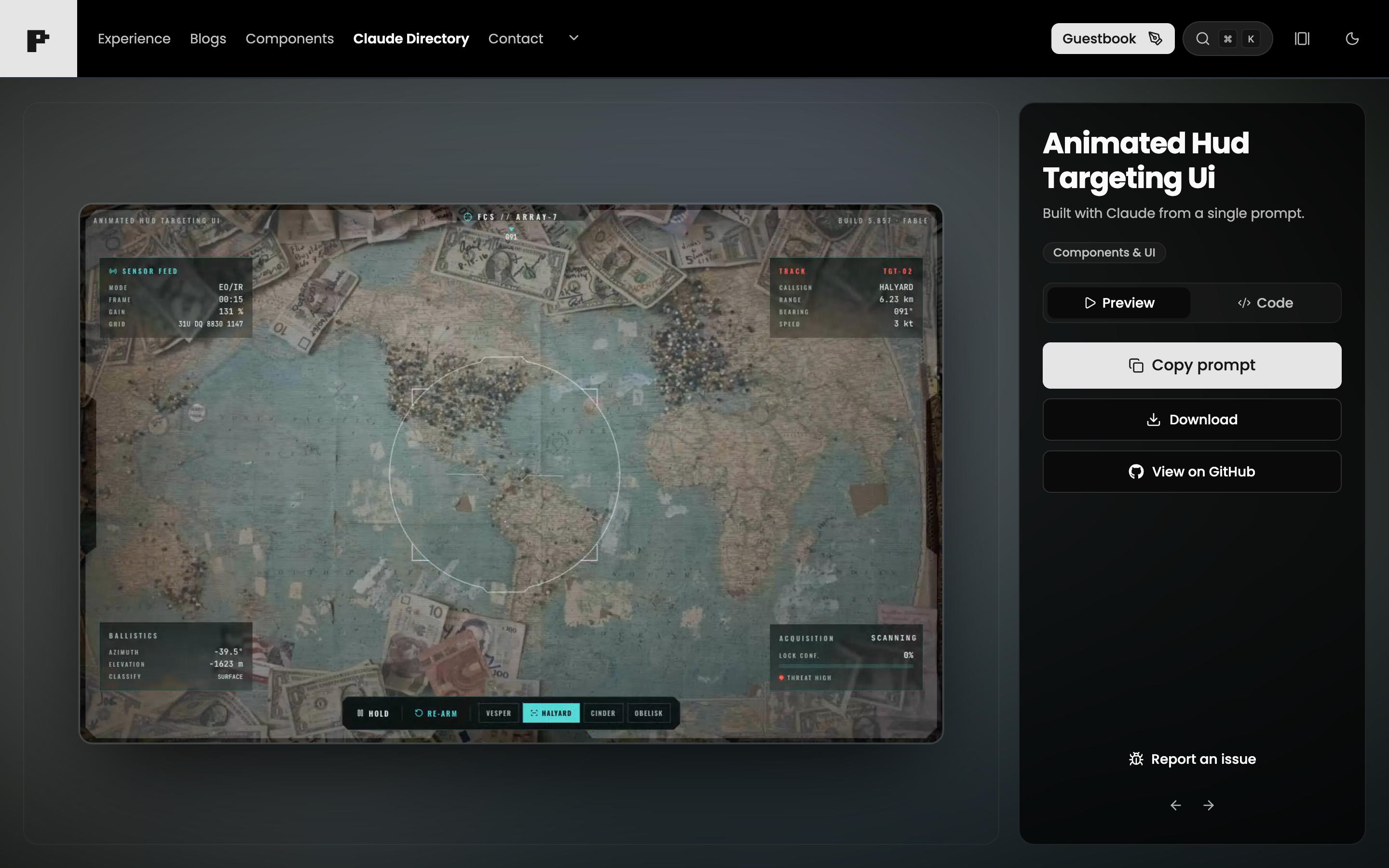 Cinematic fire-control targeting HUD with tracking readouts overlaid on a vintage map