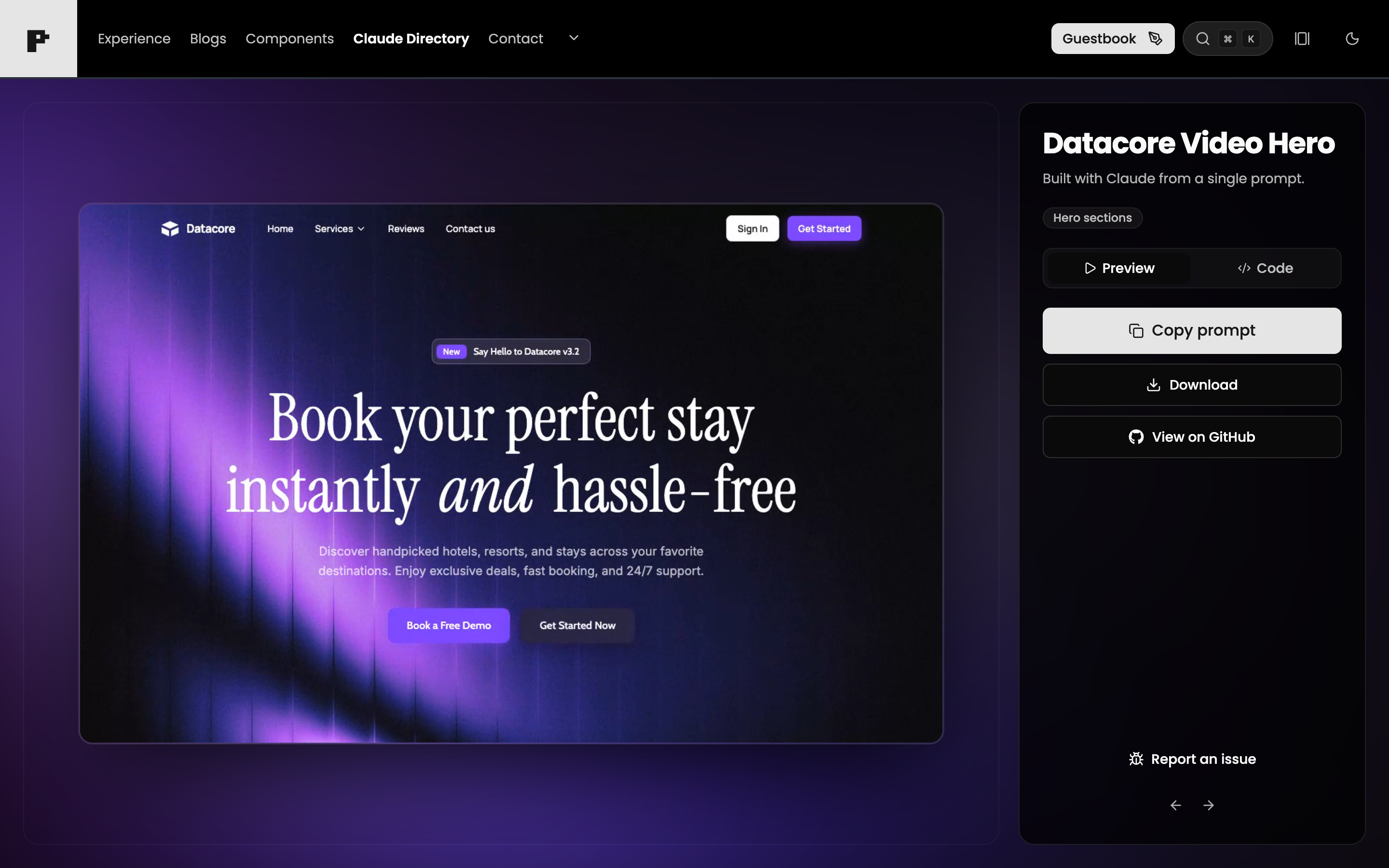 SaaS landing page hero with purple volumetric light background and serif display typography