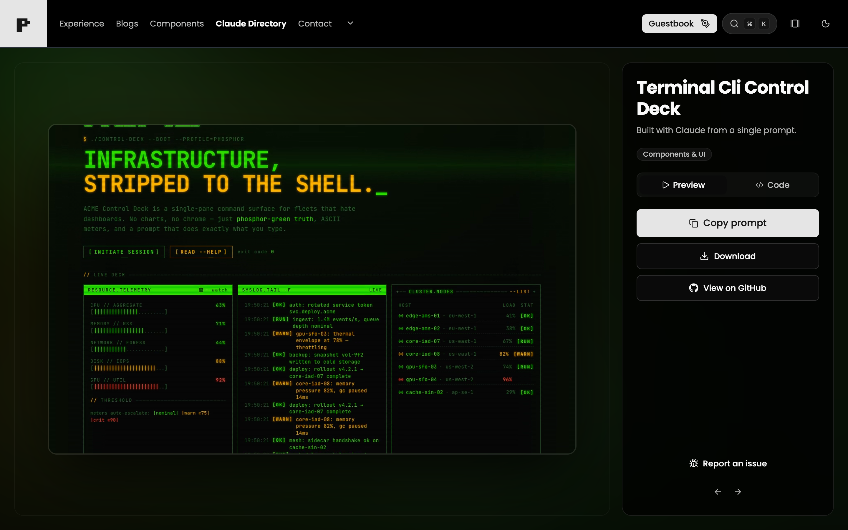 Phosphor-green terminal style operations dashboard with resource meters and log output