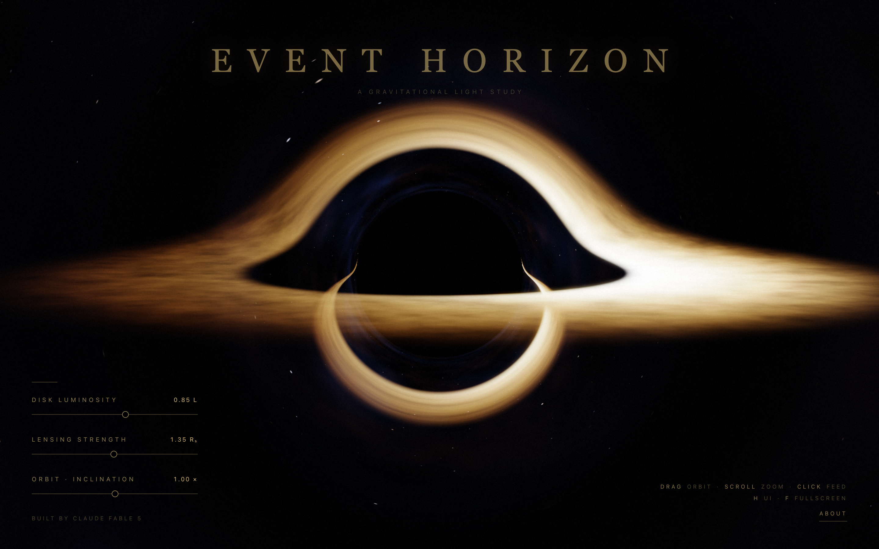 Event Horizon — a gravitational-lensing black hole simulation with live sliders for disk luminosity and lensing strength, built by Claude Fable 5