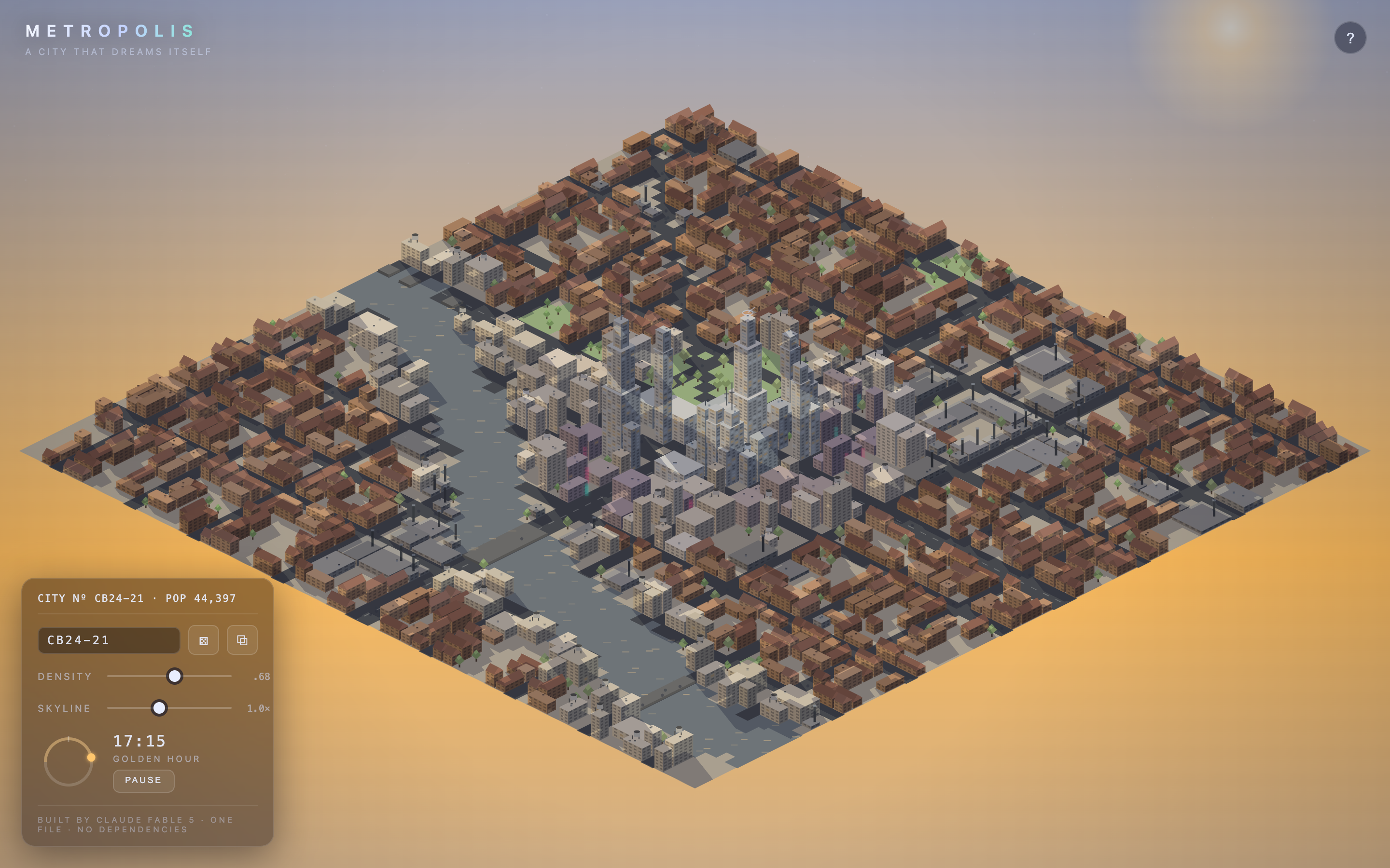 Metropolis — a procedural isometric city that regenerates its street grid, density and skyline from a seed, built by Claude Fable 5, one file, no dependencies
