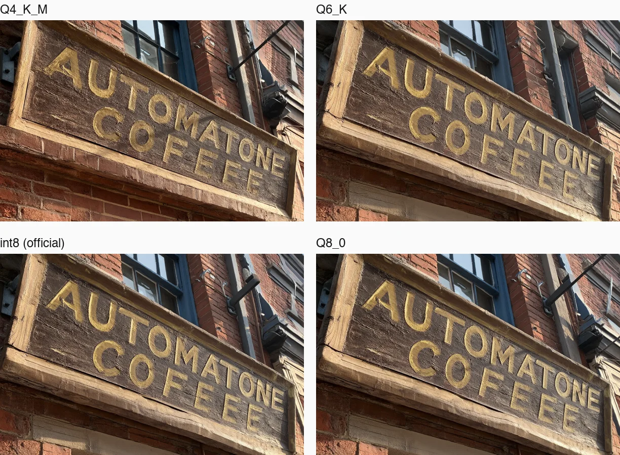 Four generated shop signs from four quantizations with the same seed. Each reads AUTOMATONE correctly on the first line and COFEEE on the second, the same misspelling in all four