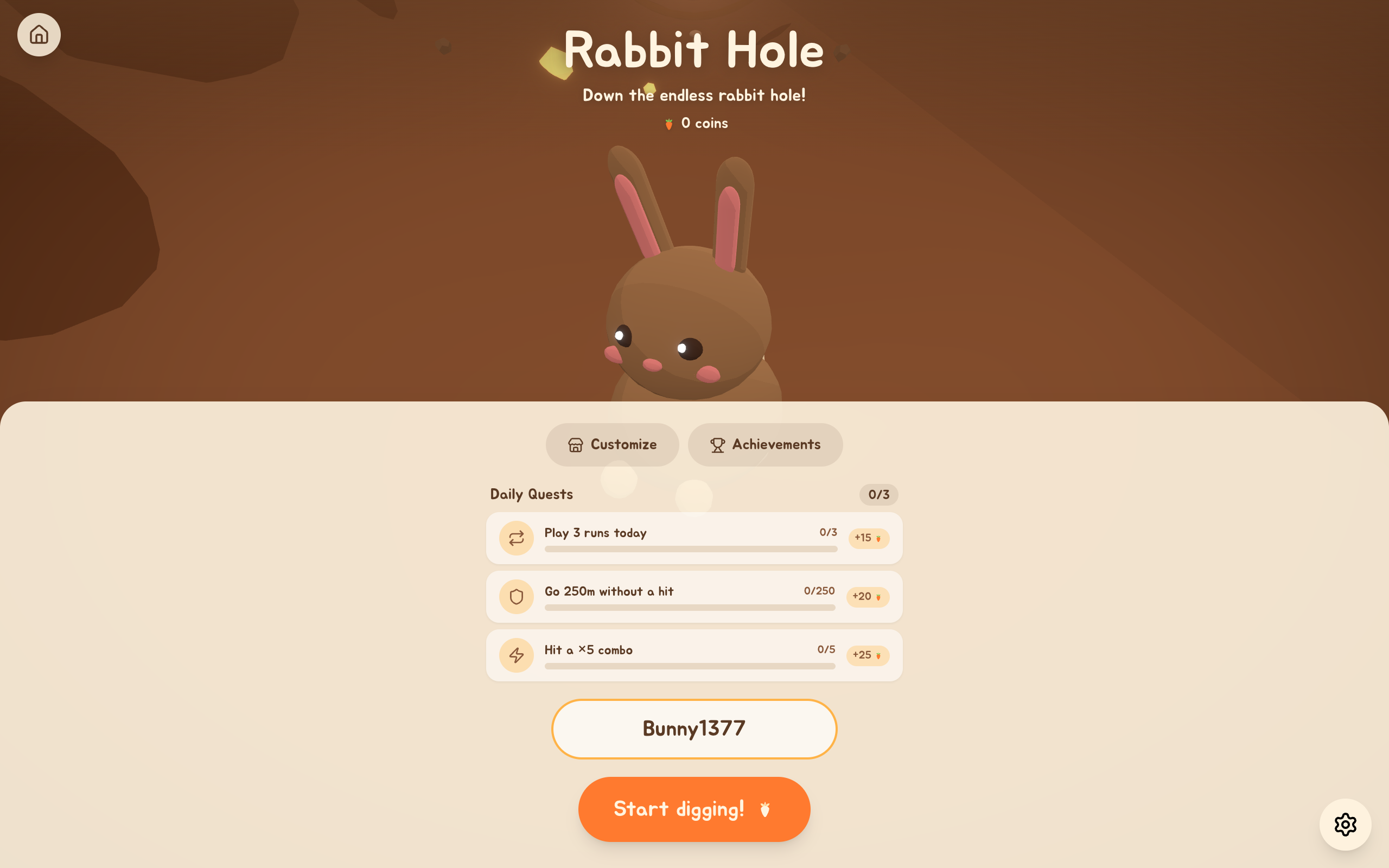 The rebuilt Rabbit Hole start screen — cozy 3D rabbit, daily quests, and a Start digging button (English build, live at rabbit-hole-games.com)