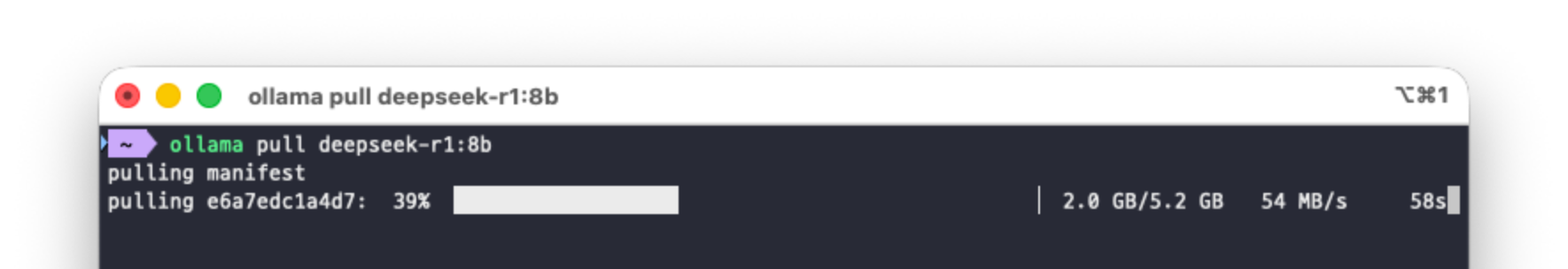 Terminal showing ollama pull deepseek-r1:8b at 39 percent, 2.0 GB of 5.2 GB downloaded at 54 MB/s