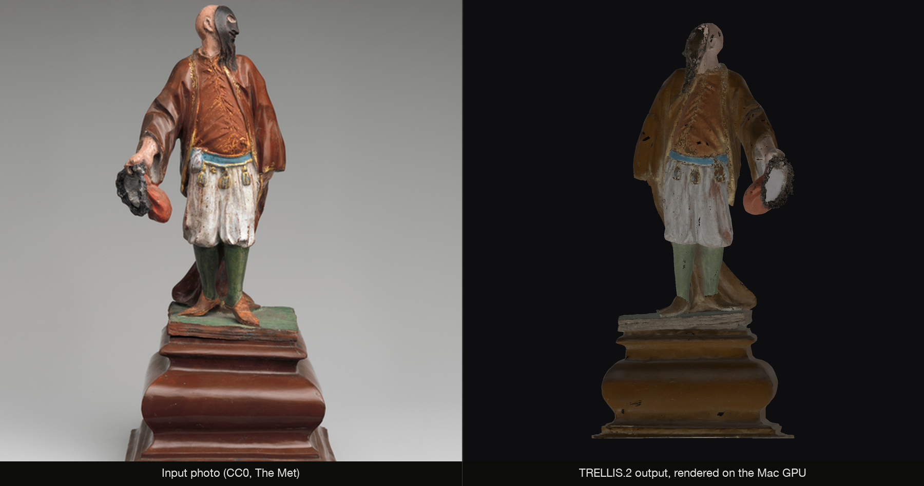 Left: the input photo — a CC0 public-domain figurine photographed by The Met. Right: the same figurine after TRELLIS.2 generates a textured 3D mesh from it, rendered on the Mac GPU