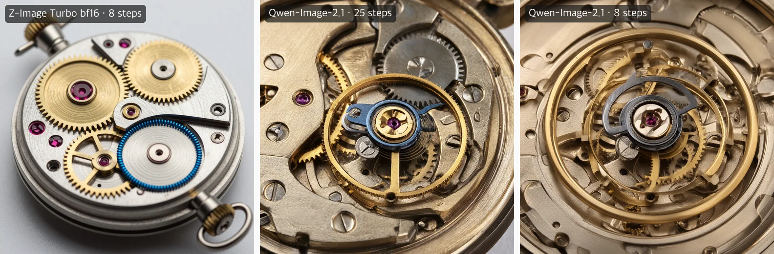 Seed 103 watch movements. Z-Image Turbo shows a clean whole movement on white with crowns at both ends and a blue coil wrapped around a plain disc; Qwen-Image-2.1 at 25 steps shows a close-up balance wheel with a blued cock, jewels in settings and screws; at 8 steps the rims overlap and double