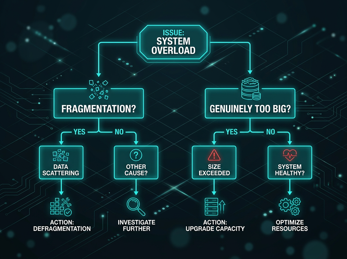 A flowchart distinguishing a fragmentation problem from a genuine out-of-memory problem based on reserved versus allocated memory