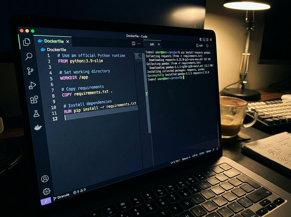 A minimal Dockerfile and terminal showing a single pip install command running in a container