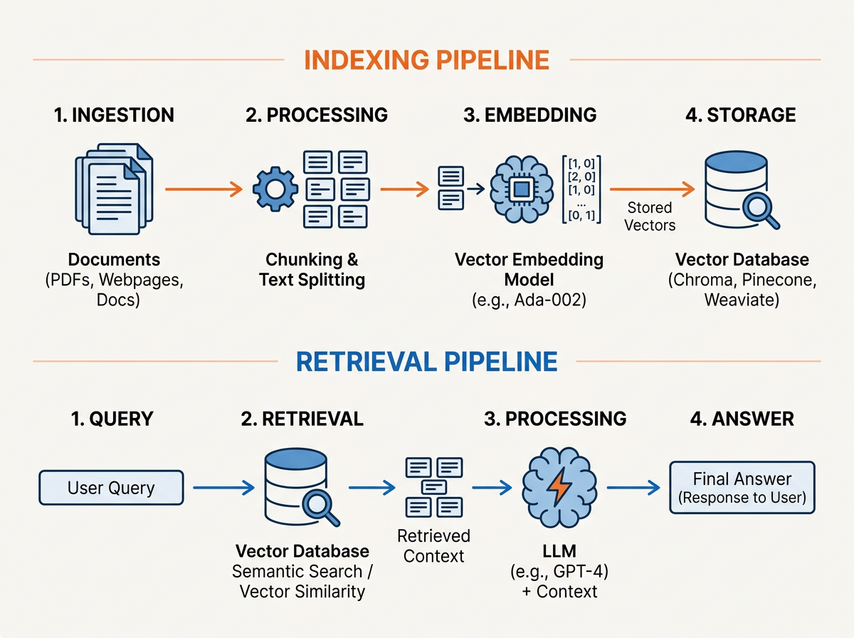 A two-stage diagram showing an offline indexing pipeline feeding a vector database, and a runtime pipeline retrieving chunks to an LLM