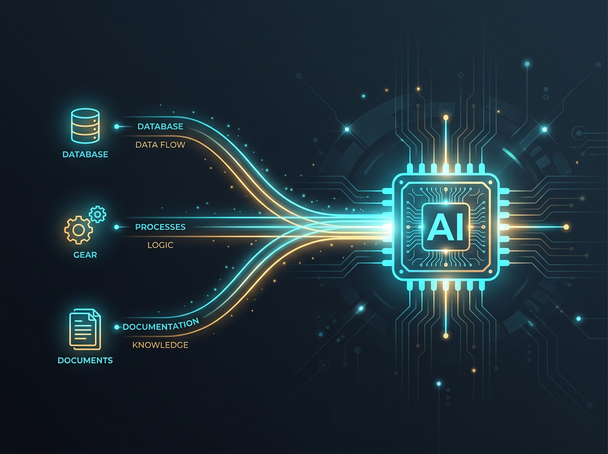 Three labeled paths converging on a single AI model, representing RAG, fine-tuning, and long-context working together