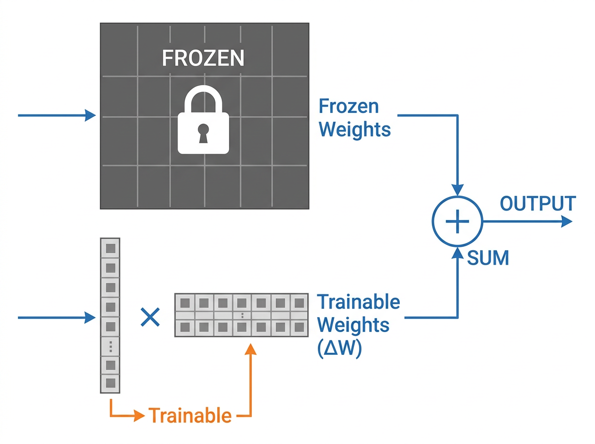 Diagram showing the frozen weight matrix W0 in parallel with a low-rank B times A update path summing into the output