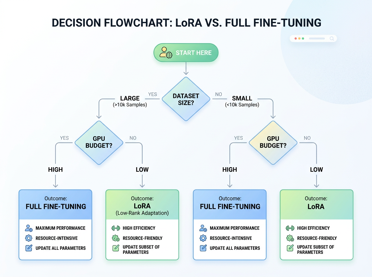 A decision flowchart comparing LoRA and full fine-tuning across dataset size and hardware budget