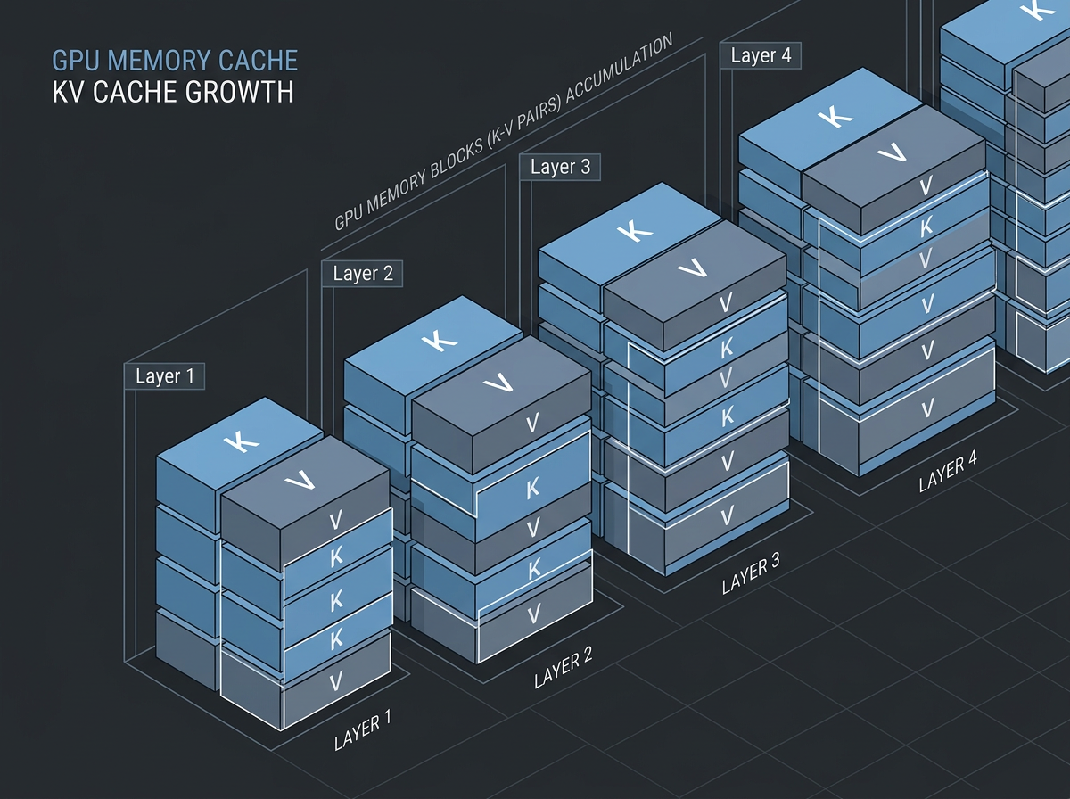 Diagram of key-value cache blocks stacking up across transformer layers as tokens are generated