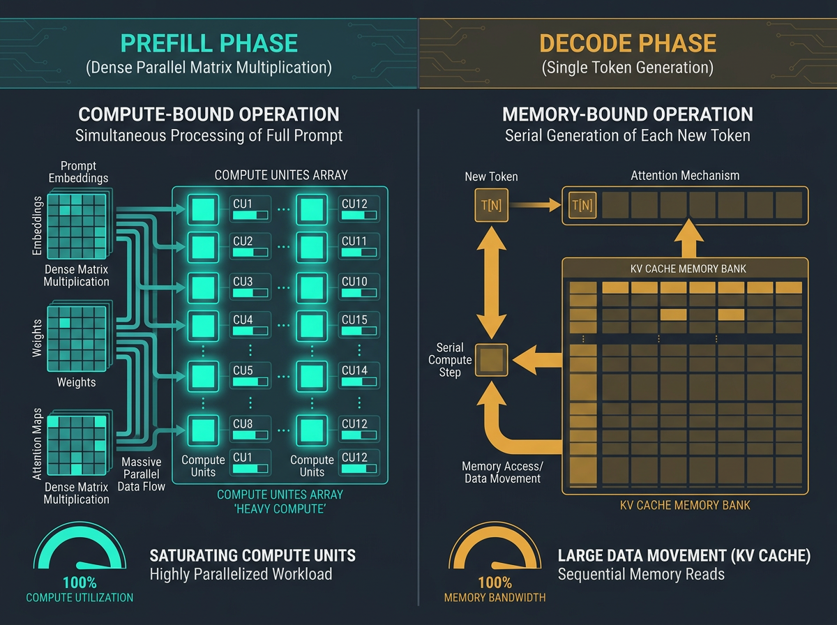 Side-by-side comparison of compute-bound prefill and memory-bandwidth-bound decode phases