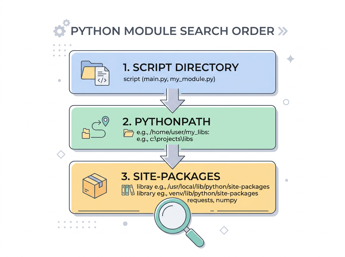 Diagram of Python's sys.path search order from script directory to site-packages