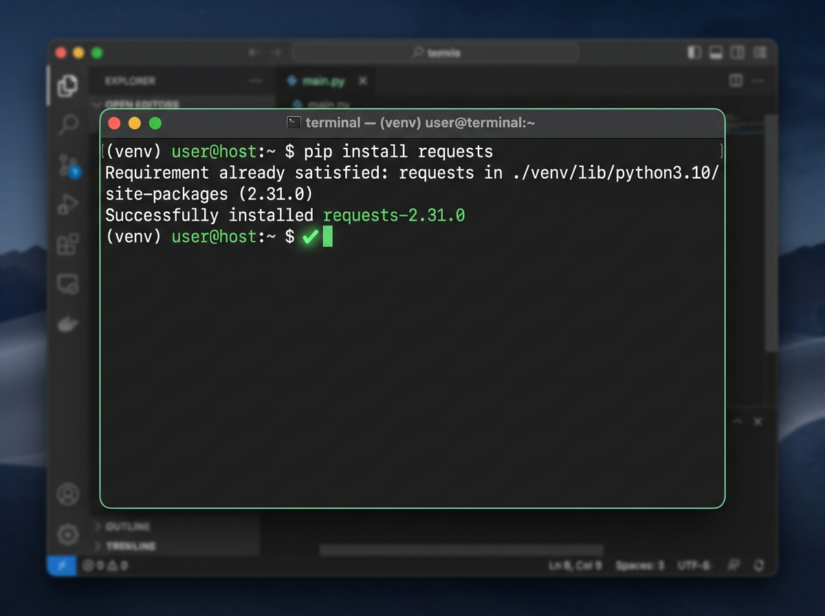 A tidy terminal showing a successful pip install inside an activated virtual environment