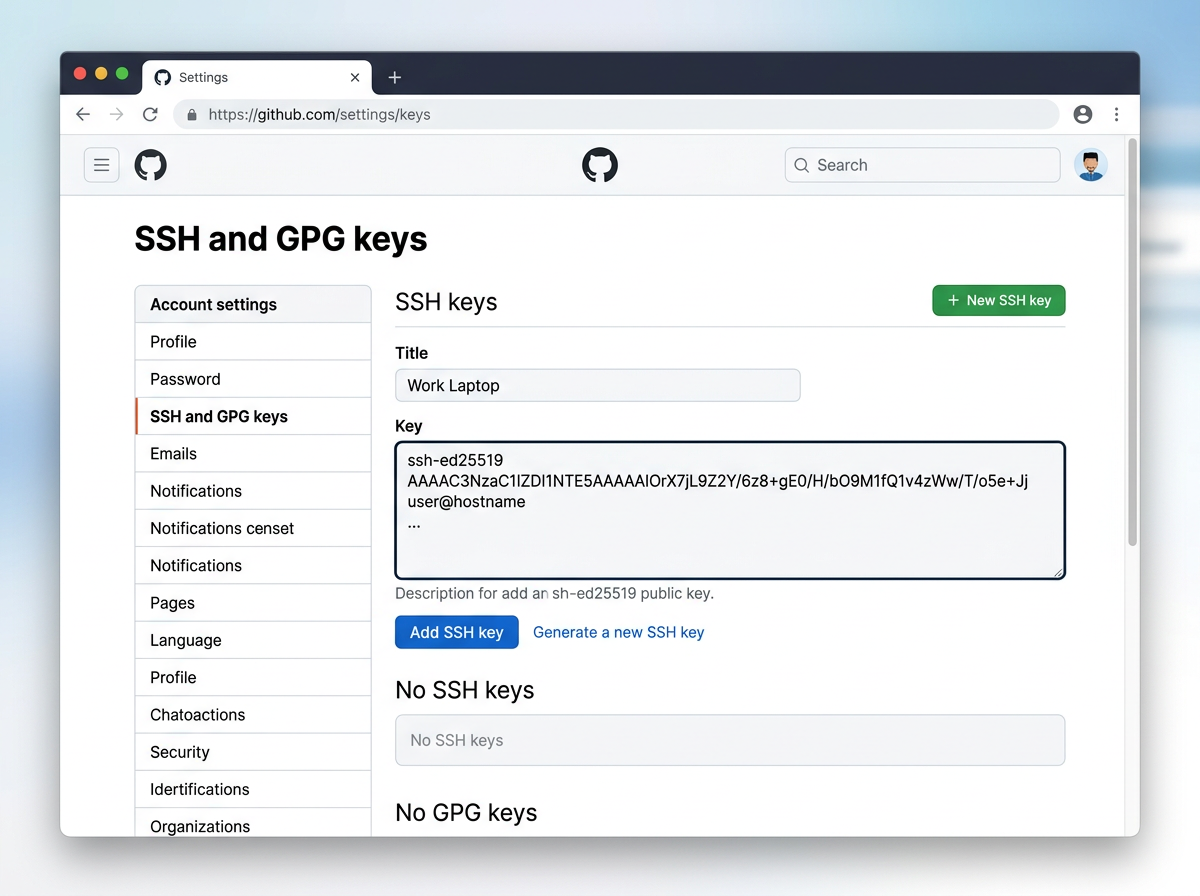 GitHub SSH and GPG keys settings page with a new key being added