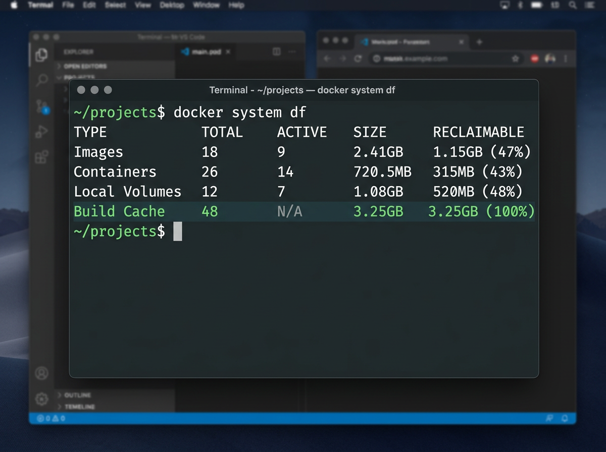Terminal output of docker system df showing a reclaimable column with build cache as the largest entry