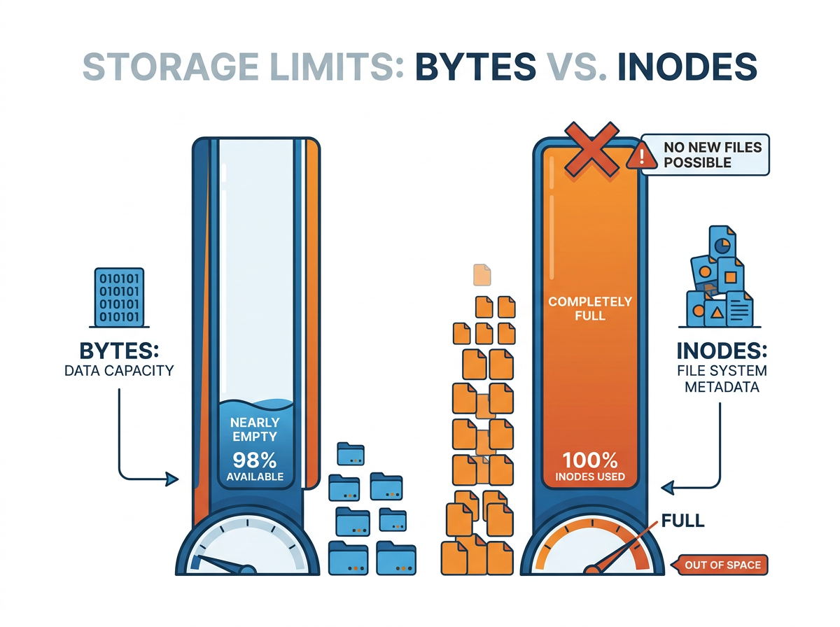 Diagram contrasting a disk full of bytes versus a disk full of inodes