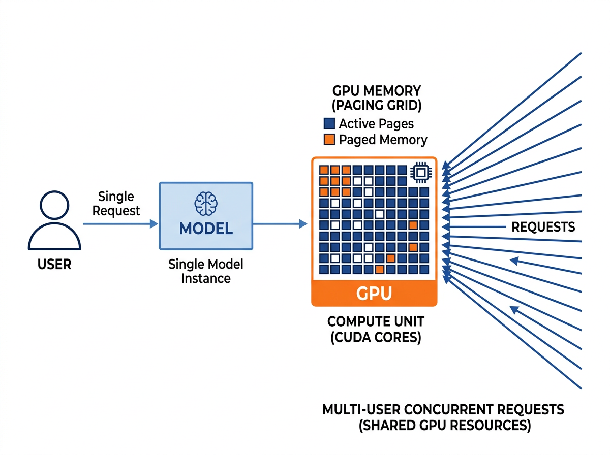 Diagram contrasting a single user talking to one model versus many concurrent requests sharing one GPU