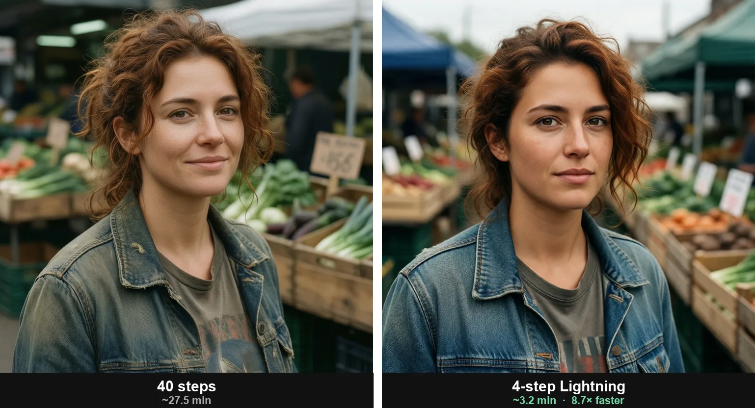 Side-by-side comparison of two AI-generated portraits, one labeled 40 steps and one labeled 4-step Lightning