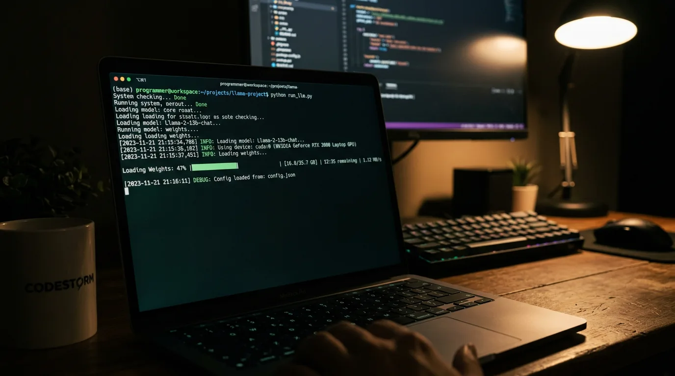 Terminal window showing ComfyUI starting up with a model loading progress bar