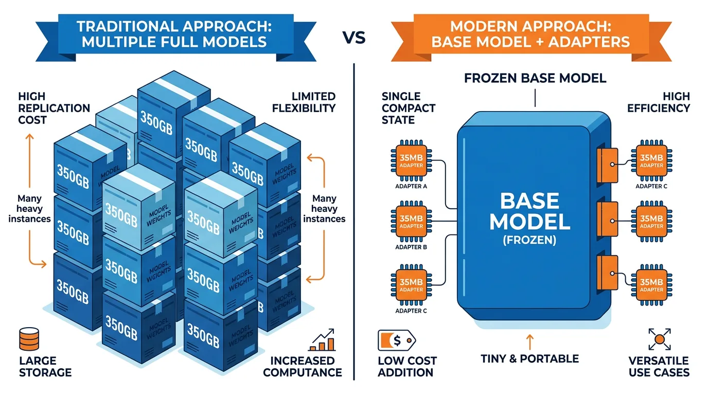 Comparison of full fine-tuning storing many large copies versus one frozen base model with small adapters