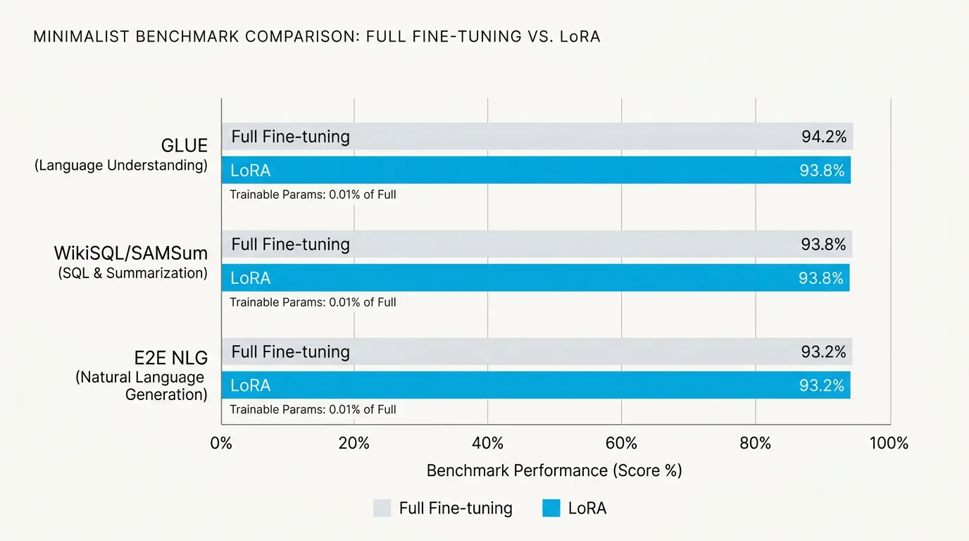 Bar chart concept showing adaptation accuracy holding steady as rank decreases to very small values