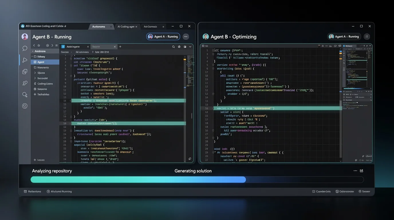 Split screen showing two AI agents running in parallel on the same codebase