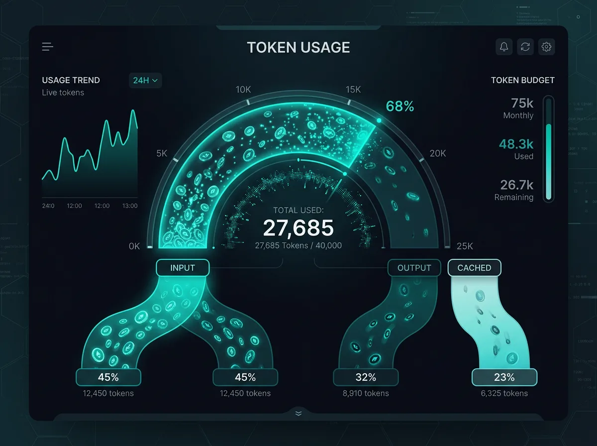 A token meter visualization showing input, output, and cached tokens filling a gauge