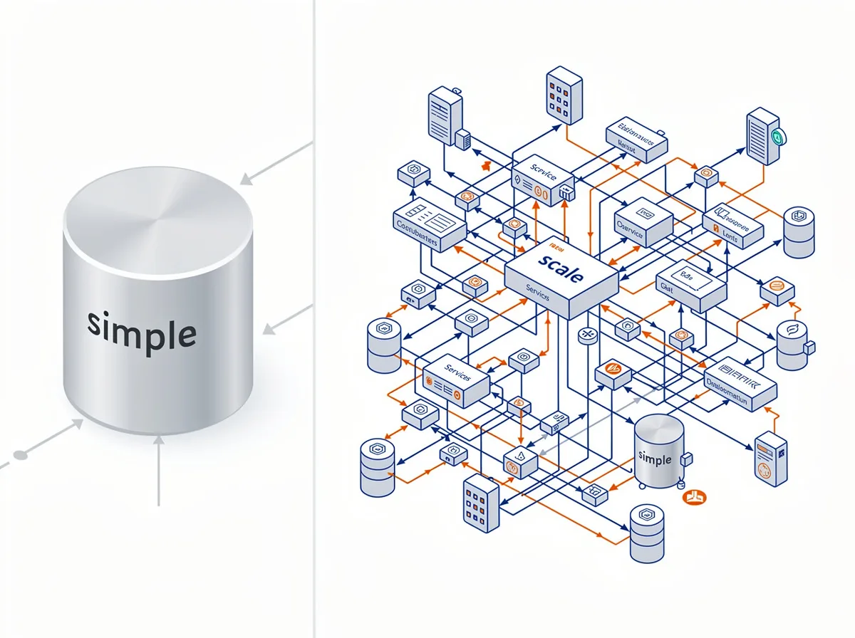 A single database server box next to a more complex multi-service architecture, suggesting a tradeoff between simplicity and scale