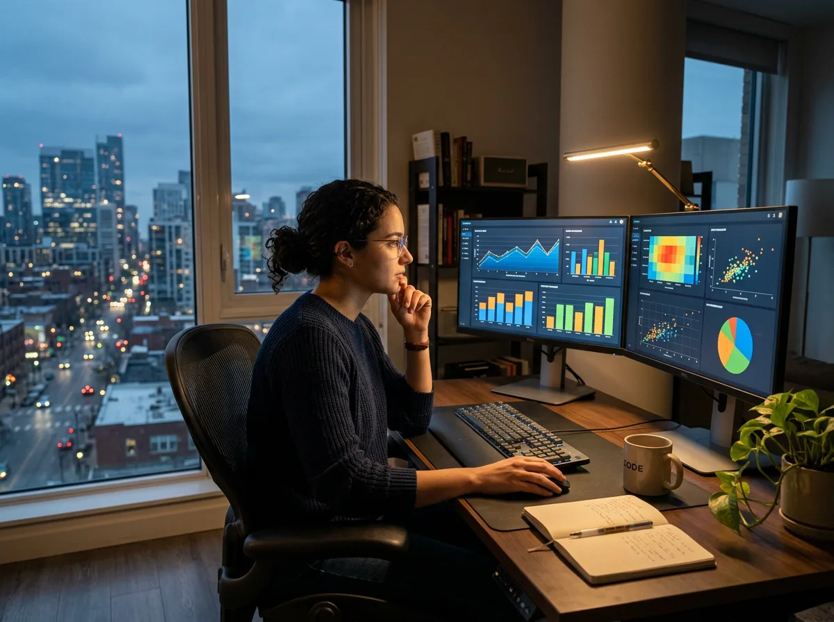 Engineer at a desk at dusk comparing dashboards on two monitors