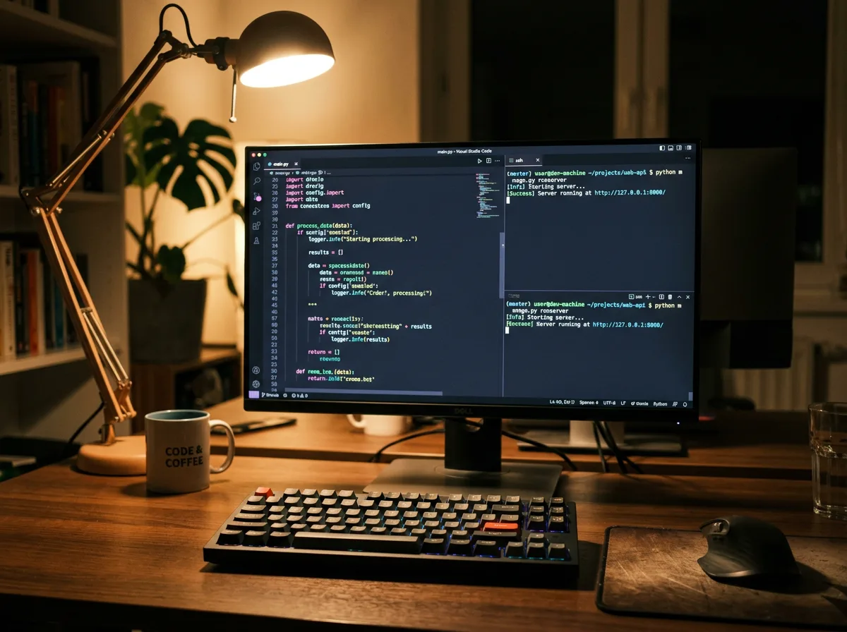 Dark-themed code editor and terminal on a developer desk suggesting API migration work