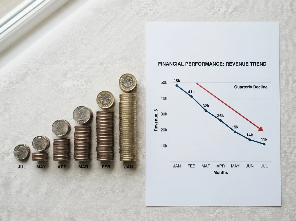 Descending stacks of coins beside a downward-trending chart suggesting cost savings