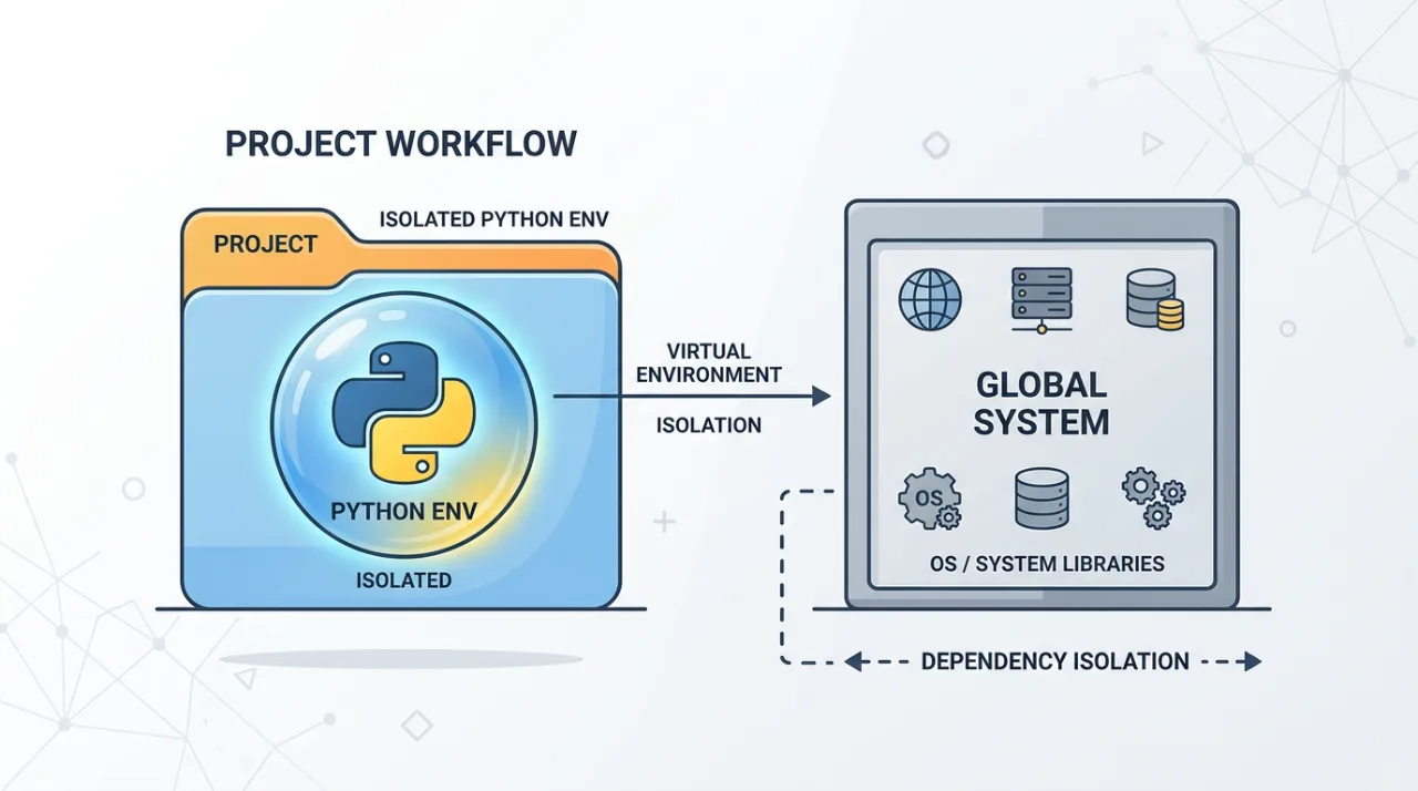 Diagram-style illustration of a project folder containing a dot-venv directory isolated from the global Python install