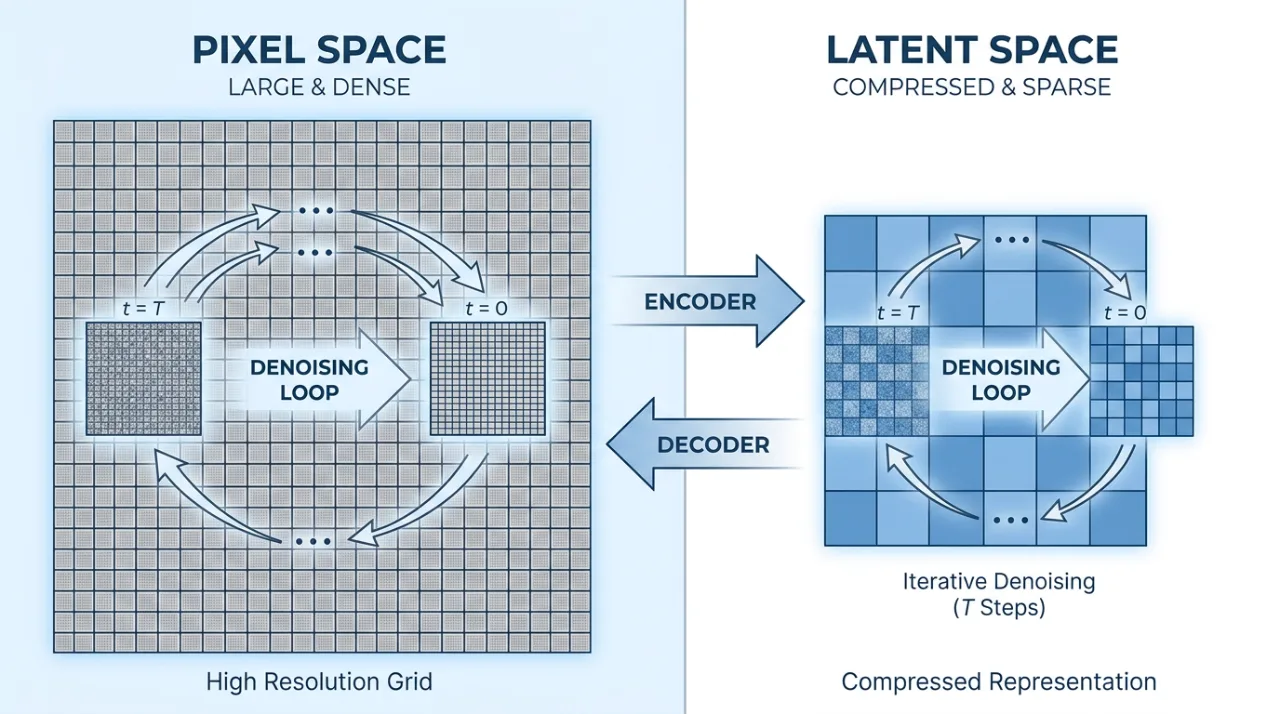 Diagram contrasting diffusion running on a large pixel grid versus a small latent grid
