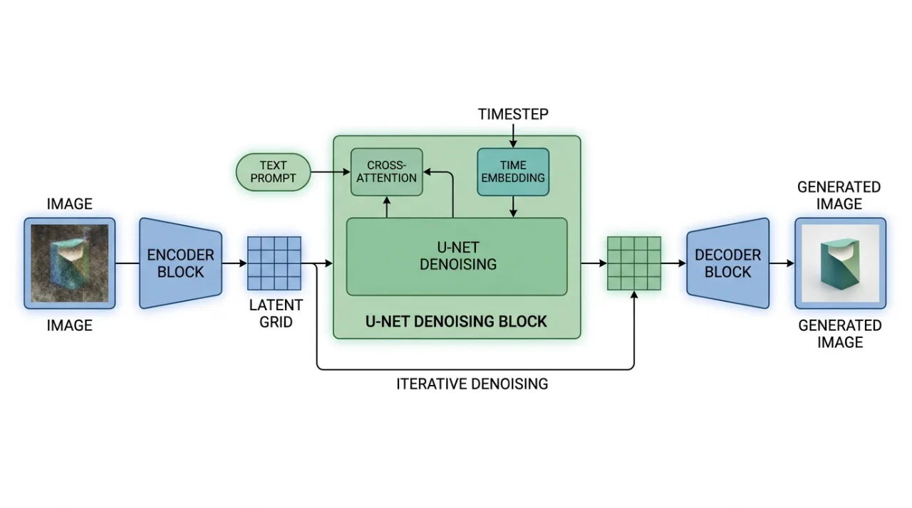 Schematic of the latent diffusion pipeline with encoder, denoising U-Net, cross-attention conditioning, and decoder