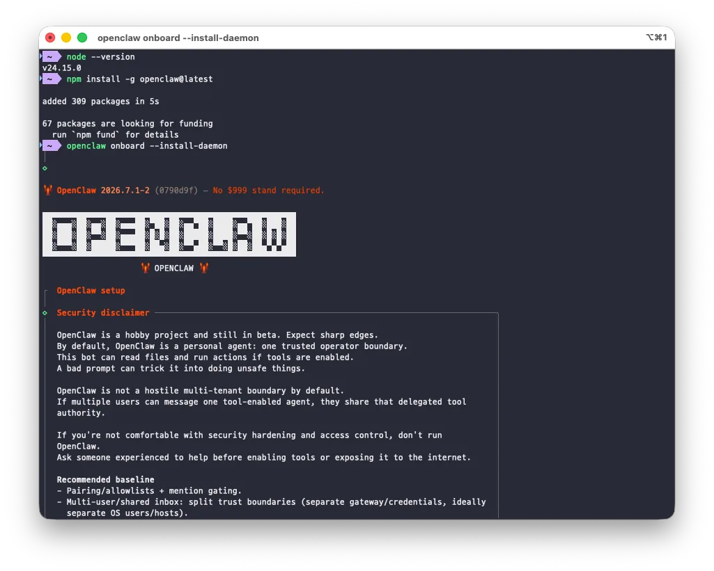 Node 버전을 확인하고 openclaw 를 전역 설치하는 터미널 화면
