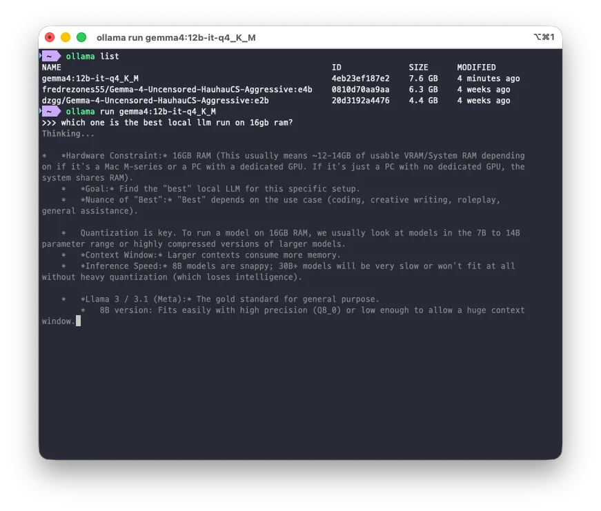 Terminal showing ollama list output above ollama ps output for the same loaded model