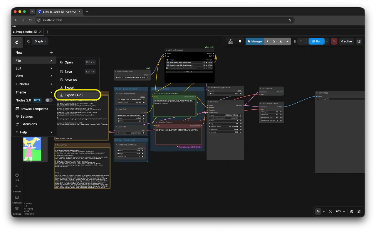 The ComfyUI File menu open with Export (API) highlighted in the submenu