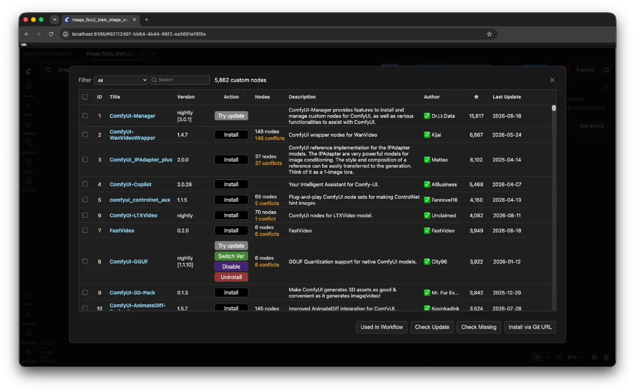 The ComfyUI Manager window listing custom node packs, with Check Missing and Install via Git URL along the bottom