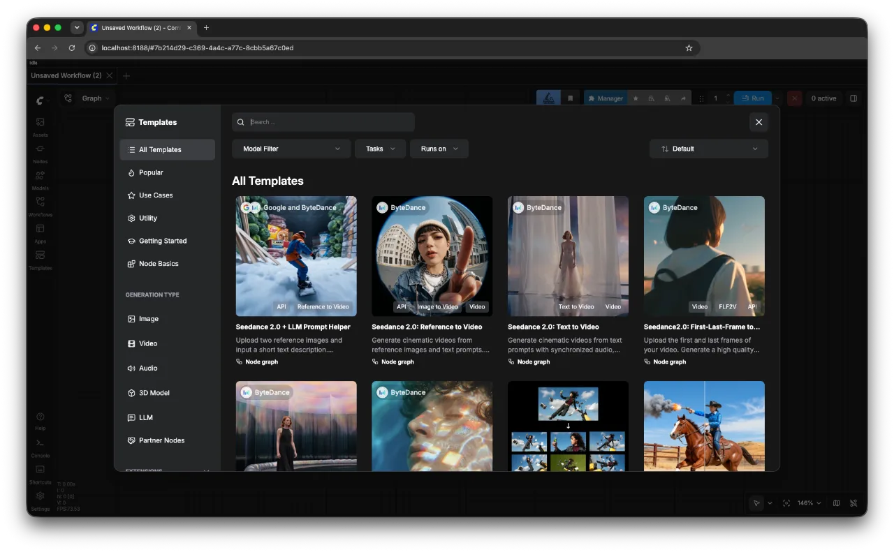 The ComfyUI template browser open, showing the built-in workflow templates grid