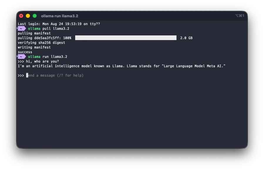 Terminal showing an ollama run session downloading a model and then answering at the chat prompt