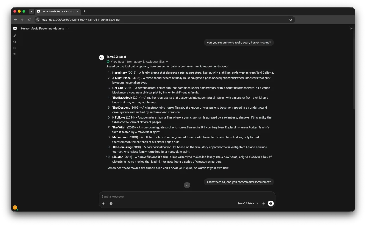 Open WebUI running in a browser at localhost:3000 with the model selector open and a conversation in progress